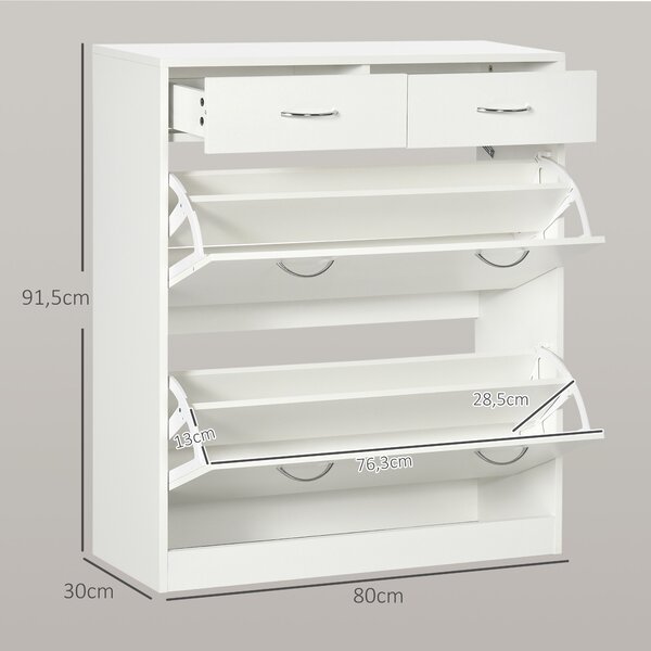 HOMCOM Mobile Scarpiera da 12 Paia con 2 Ripiani Interni Regolabili e 2 Cassetti, in Legno, 80x30x91.5 cm, Bianco | Aosom Italy