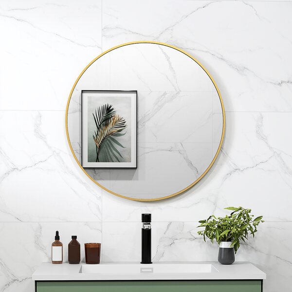 HOMCOM Specchio Rotondo da Bagno con Superficie Antiurto, in Vetro e Acciaio, Ø70x2.5 cm, color Oro | Aosom Italy
