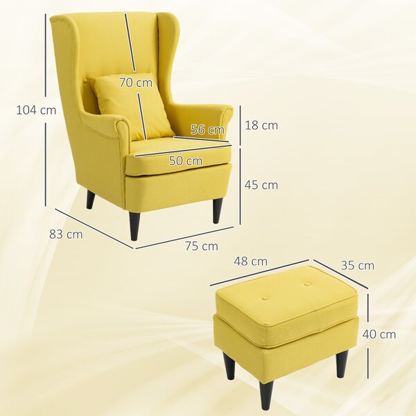 HOMCOM Poltrona con Poggiapiedi in Stile Contemporaneo, in Tessuto Effetto Lino e Legno di Caucciù, 75x83x104 cm, Giallo | Aosom Italy