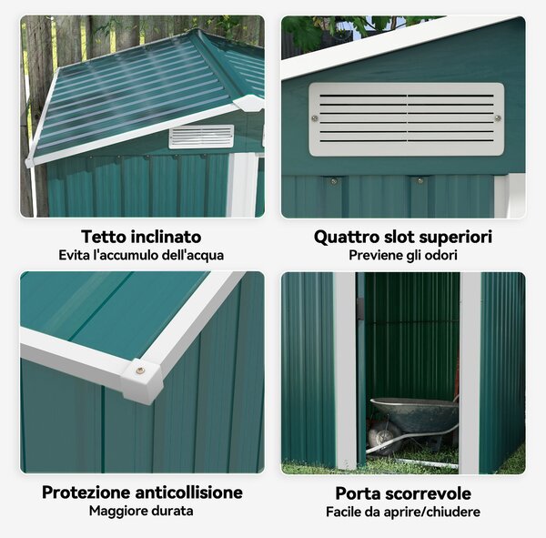 Outsunny Casetta da Giardino Porta Attrezzi in Acciaio con Tetto Inclinato e 4 Prese d'Aria, 152x132x188 cm, Verde | Aosom Italy