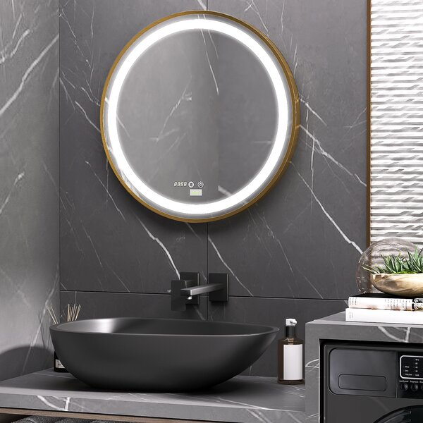 Kleankin Specchio Bagno con Luce LED, Luminosità Regolabile a 3 Tonalità e Funzione Memoria, Ø60 cm, Oro | Aosom Italy