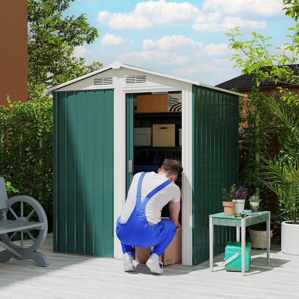 Outsunny Casetta da Giardino Porta Attrezzi in Acciaio con Tetto Inclinato e 4 Prese d'Aria, 152x132x188 cm, Verde | Aosom Italy