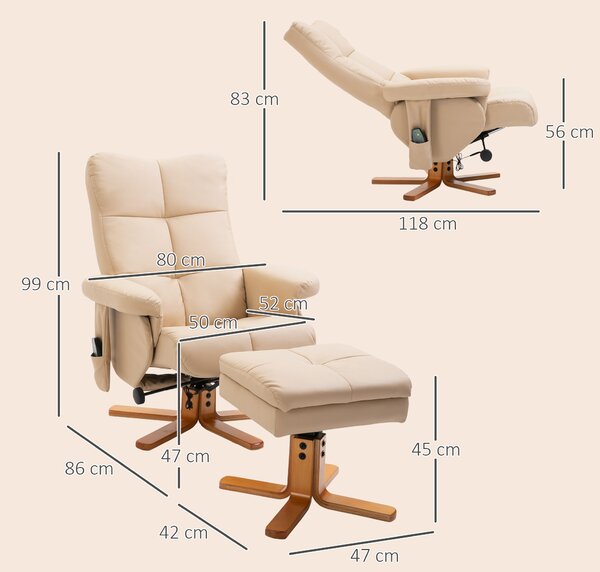 HOMCOM Poltrona Massaggiante Reclinabile a 145° con Pouf Poggiapiedi, 80x86x99cm, Bianco crema