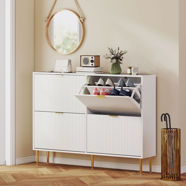 HOMCOM Scarpiera Slim per 20 Paia di Scarpe con 4 Cassetti a Ribalta e Ripiani Regolabili, 105x24x91.5 cm, Bianco | Aosom Italy