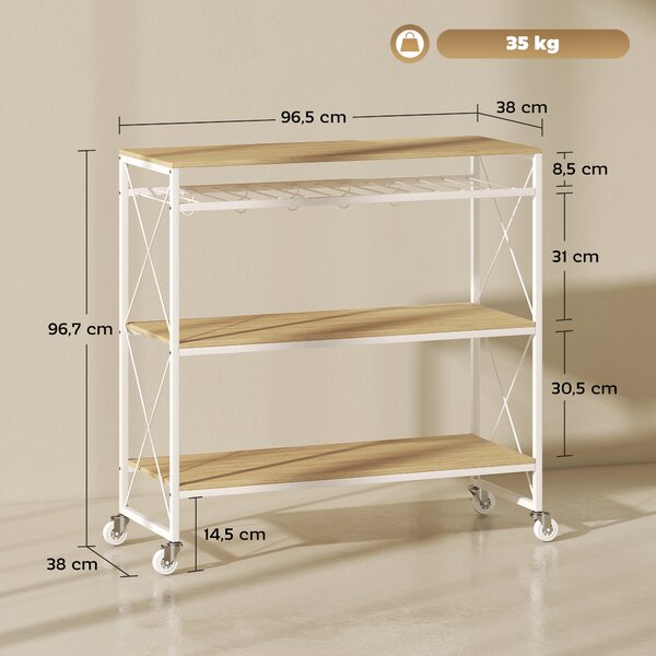 HOMCOM Carrello Portavivande a 4 Livelli con Portabottiglie e 5 Ganci Rimovibili, in Legno e Metallo, 96.5x38x96.7 cm | Aosom Italy