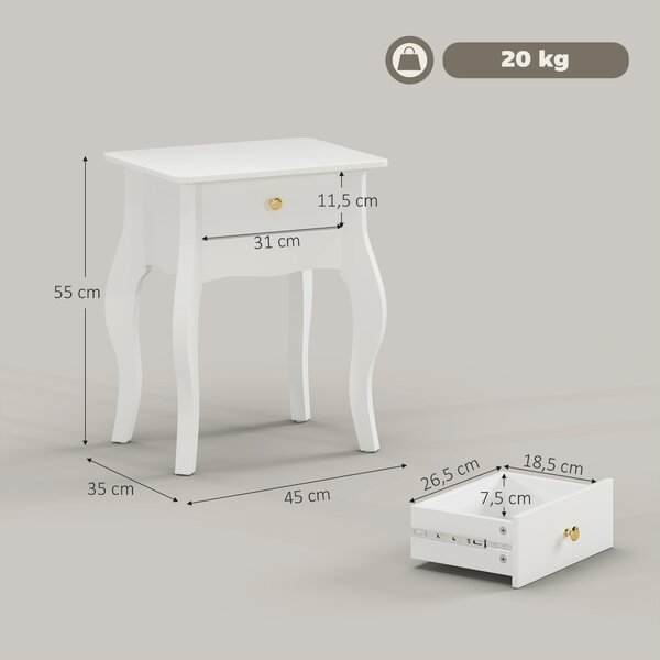 HOMCOM Tavolino da Salotto con Cassetto in Stile Francese con Gambe Curve, 45x35x55 cm, Bianco | Aosom Italy