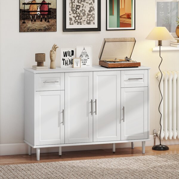 HOMCOM Credenza Buffet Elegante con 2 Cassetti e 3 Armadietti con Ripiani Regolabili, in Legno, 120x38x86 cm, Bianco | Aosom Italy