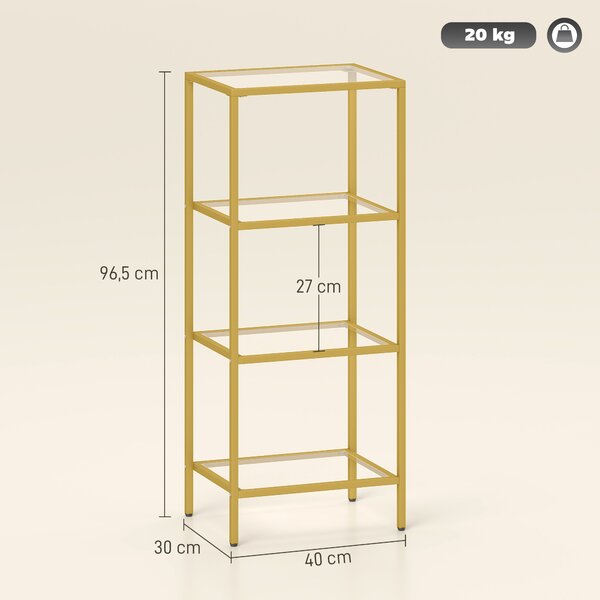 HOMCOM Mobiletto Scaffale a 4 Livelli Minimal in Metallo e Vetro Temperato, 40x30x96.5 cm, color Oro | Aosom Italy