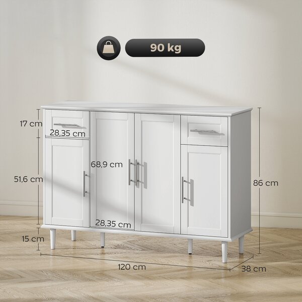 HOMCOM Credenza Buffet Elegante con 2 Cassetti e 3 Armadietti con Ripiani Regolabili, in Legno, 120x38x86 cm, Bianco | Aosom Italy
