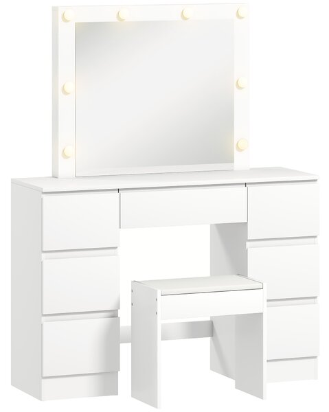 HOMCOM Toeletta Trucco con Specchio Stile Hollywood, 8 Luci LED, 7 Cassetti e Sgabello Imbottito, Bianco | Aosom Italy