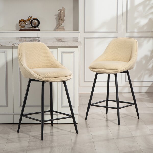 HOMCOM Set 2 Sgabelli Bar Girevoli con Schienale e Braccioli, Rivestimento in Velluto a Coste e Poggiapiedi, Beige | Aosom Italy