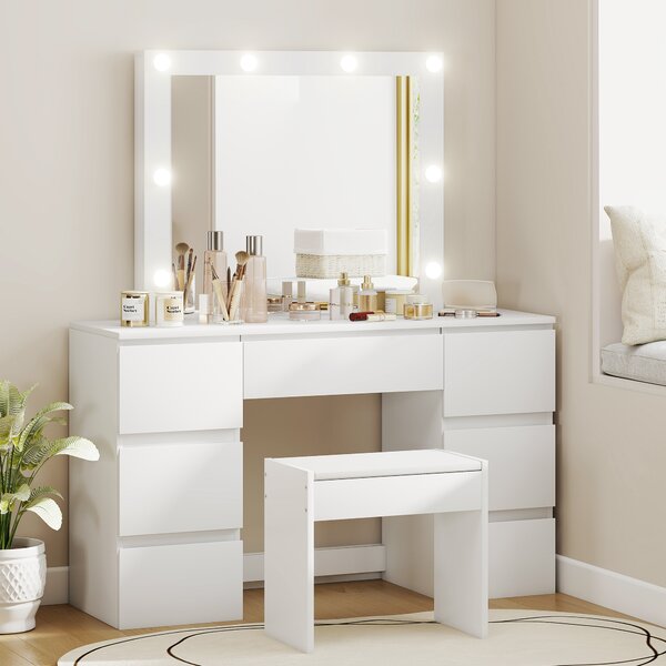 HOMCOM Toeletta Trucco con Specchio Stile Hollywood, 8 Luci LED, 7 Cassetti e Sgabello Imbottito, Bianco | Aosom Italy
