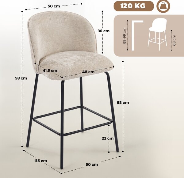 HOMCOM Set 2 Sgabelli da Bar con Schienale e Poggiapiedi, Rivestimento in Tessuto e Gambe in Acciaio, Beige | Aosom Italy