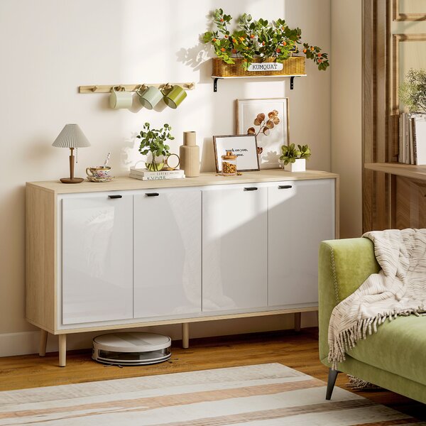 HOMCOM Credenza Moderna a 4 Ante con Ripiano Regolabile, 141x35x77 cm, Bianco Lucido e Rovere | Aosom Italy