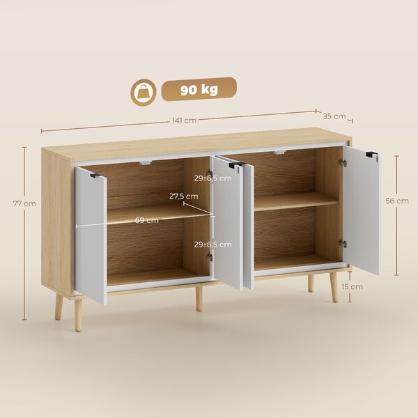 HOMCOM Credenza Moderna a 4 Ante con Ripiano Regolabile, 141x35x77 cm, Bianco Lucido e Rovere | Aosom Italy
