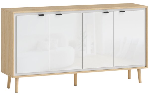 HOMCOM Credenza Moderna a 4 Ante con Ripiano Regolabile, 141x35x77 cm, Bianco Lucido e Rovere | Aosom Italy