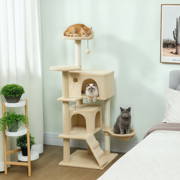 Albero Tiragraffi per Gatti 48x48x140 cm con 2 Casette Amaca Lettino e Pali in Sisal Beige