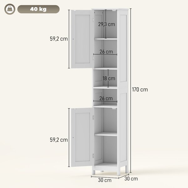 HOMCOM Mobile Alto Bagno con 2 Ripiani Aperti e 2 Armadietti con Scaffali Regolabili, in Legno, 30x30x170 cm, Bianco | Aosom Italy
