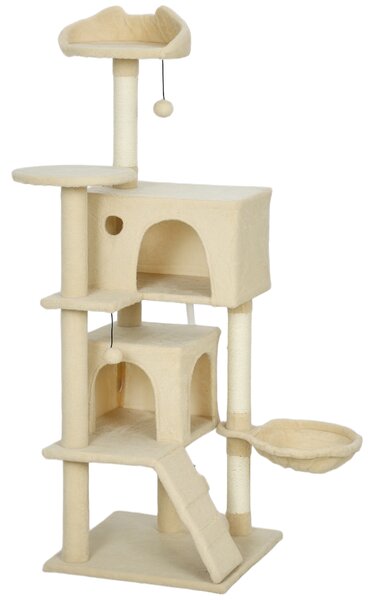 Albero Tiragraffi per Gatti 48x48x140 cm con 2 Casette Amaca Lettino e Pali in Sisal Beige