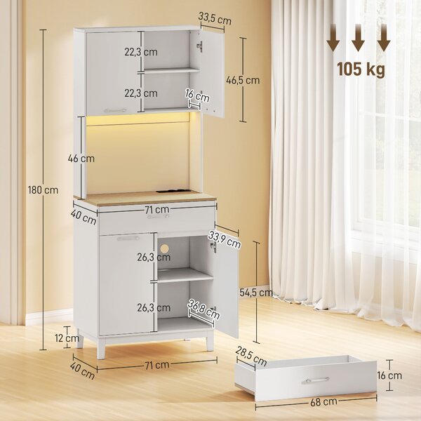 HOMCOM Credenza Moderna con Luci LED, Prese Elettriche e USB, 2 Armadietti e Cassetto, 71x40x180 cm, Bianco | Aosom Italy