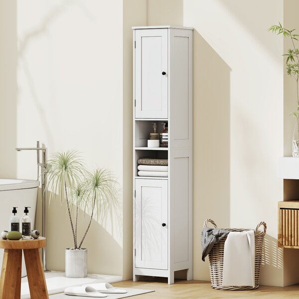 HOMCOM Mobile Alto Bagno con 2 Ripiani Aperti e 2 Armadietti con Scaffali Regolabili, in Legno, 30x30x170 cm, Bianco | Aosom Italy