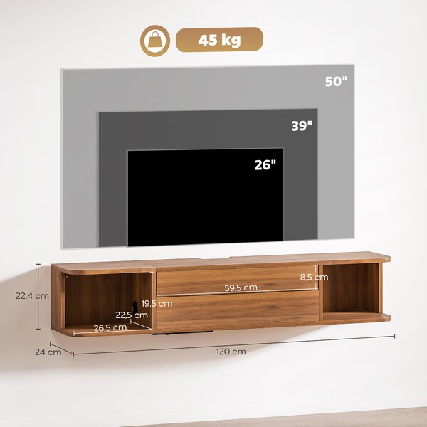 HOMCOM Mobile Porta TV fino 50" Sospeso con Prese di Corrente, USB e Tipo C, Cassetto e Ripiani, 120x24x22.4 cm, Noce | Aosom Italy
