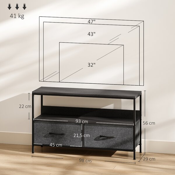 HOMCOM Mobile Porta TV da 47" con Cassetti Pieghevoli in Tessuto e Mensola in Metallo e MDF, 98x29x56 cm, Nero | Aosom Italy