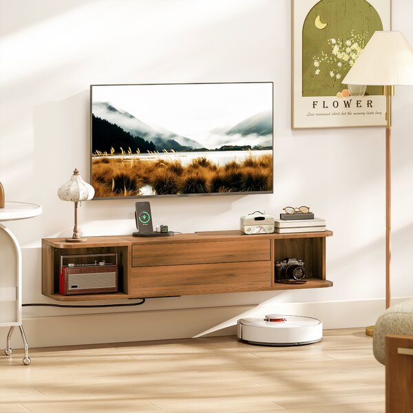 HOMCOM Mobile Porta TV fino 50" Sospeso con Prese di Corrente, USB e Tipo C, Cassetto e Ripiani, 120x24x22.4 cm, Noce | Aosom Italy