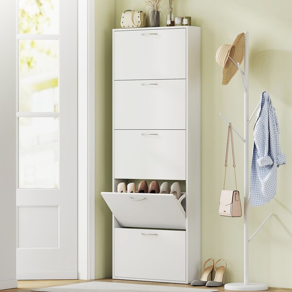 HOMCOM Mobile Scarpiera a 5 Ante Antiribaltamento, in Legno, 65x17x180.5 cm, Bianco | Aosom Italy