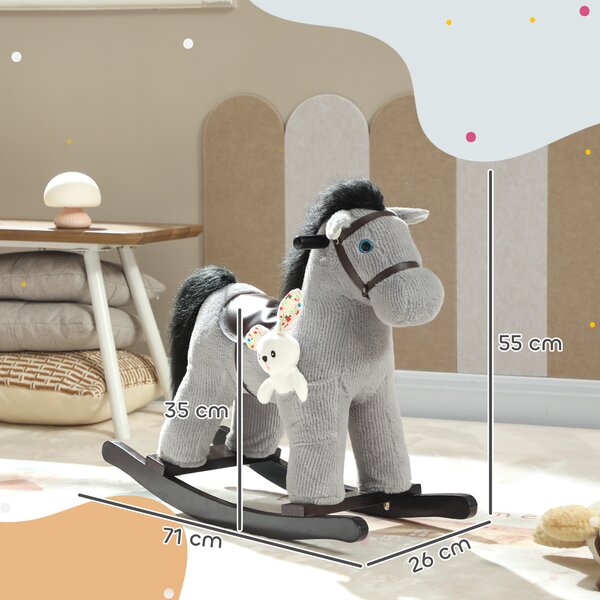 AIYAPLAY Cavallo a Dondolo con Suoni per Bambini da 2-5 Anni e Animale di Peluche Incluso, Legno e Acciaio, Grigio | Aosom Italy