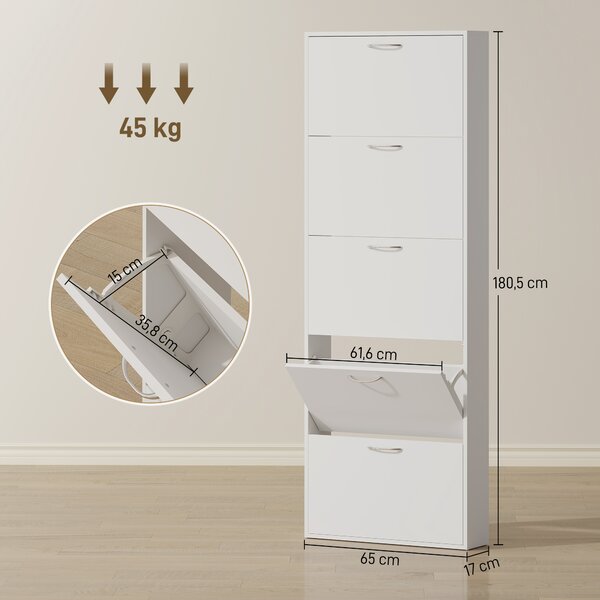 HOMCOM Mobile Scarpiera a 5 Ante Antiribaltamento, in Legno, 65x17x180.5 cm, Bianco | Aosom Italy