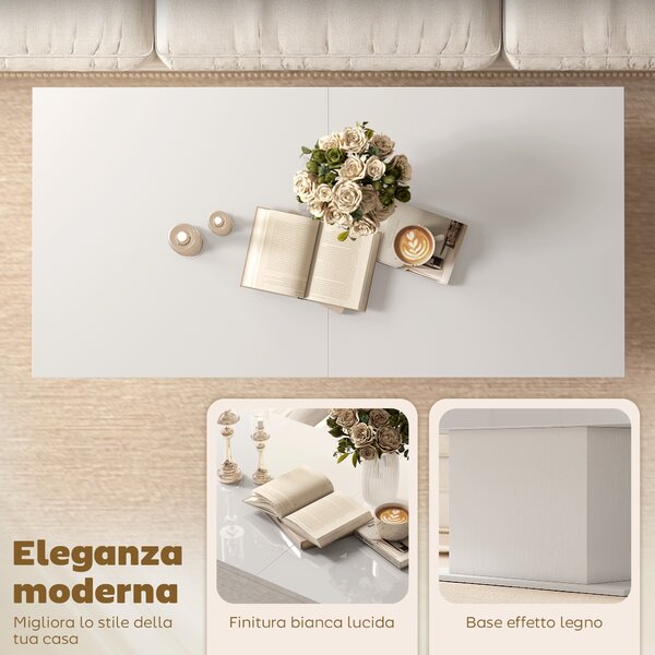 HOMCOM Tavolino da Caffè Estensibile con Vano Contenitore Moderno, 108-178.5x53x49 cm, Bianco Lucido | Aosom Italy