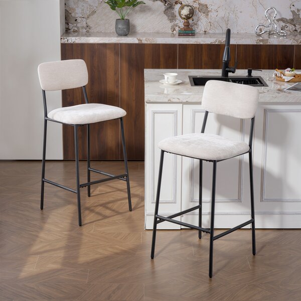 HOMCOM Set 2 Sgabelli da Bar con Schienale Alto, Poggiapiedi e Rivestimento in Ciniglia, Crema | Aosom Italy