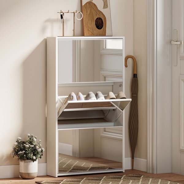 HOMCOM Scarpiera a Specchio con 3 Cassetti a Ribalta per 9 Paia di Scarpe, in Legno, 65x17x114.5 cm, Bianco | Aosom Italy