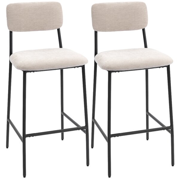 HOMCOM Set 2 Sgabelli da Bar con Schienale Alto, Poggiapiedi e Rivestimento in Ciniglia, Crema | Aosom Italy
