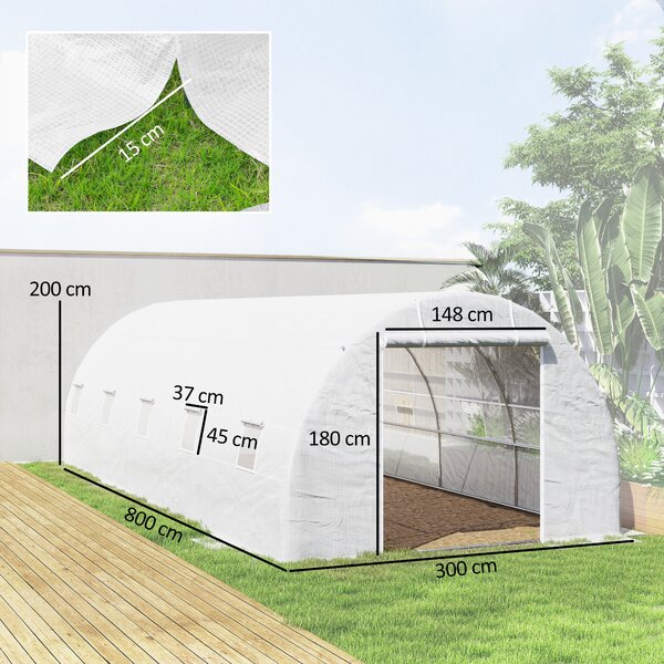 Outsunny Serra a Tunnel 8x3x2 m con Rivestimento in Plastica e Acciaio Rinforzato, Bianco | Aosom Italy