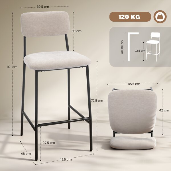 HOMCOM Set 2 Sgabelli da Bar con Schienale Alto, Poggiapiedi e Rivestimento in Ciniglia, Crema | Aosom Italy