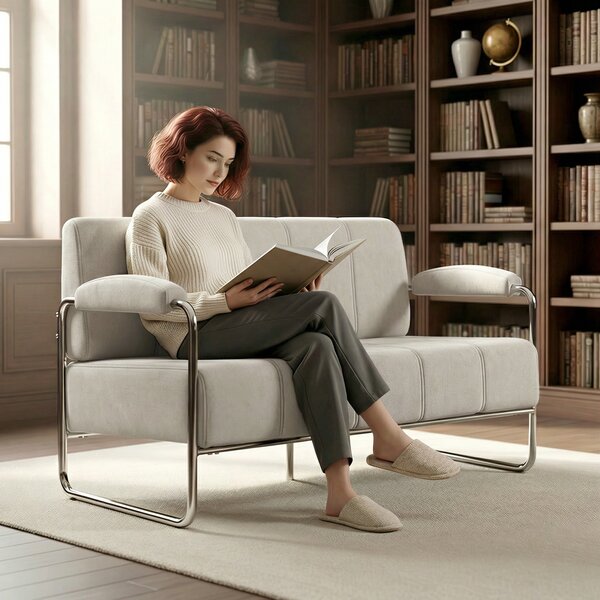 HOMCOM Divano 2 Posti Moderno Rivestito in Ciniglia Beige, in Acciaio, Spugna e Pannello Multistrato, 120x73x76 cm | Aosom Italy