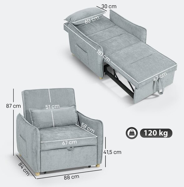 HOMCOM Poltrona Letto 3 in 1 con Schienale Reclinabile e Cuscino, Sedia in Ciniglia con tasche laterali, 88x84x87 cm, Grigio | Aosom Italy