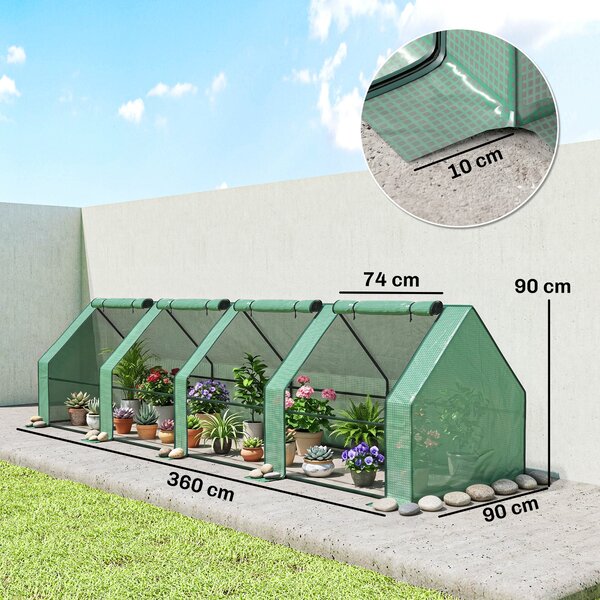 Outsunny Mini Serra da Giardino a 4 Porte Arrotolabili con Copertura Allungata, in Acciaio e PE, 360x90x90 cm, Verde | Aosom Italy