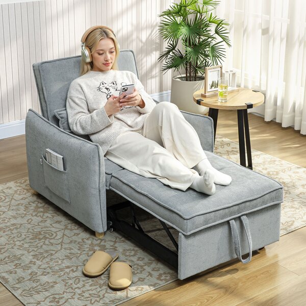 HOMCOM Poltrona Letto 3 in 1 con Schienale Reclinabile e Cuscino, Sedia in Ciniglia con tasche laterali, 88x84x87 cm, Grigio | Aosom Italy
