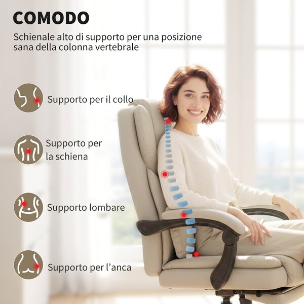 HOMCOM Sedia da Ufficio Reclinabile in Finta Pelle con Poggiapiedi e Rotelle, 65x67x111-119 cm, Beige | Aosom Italy