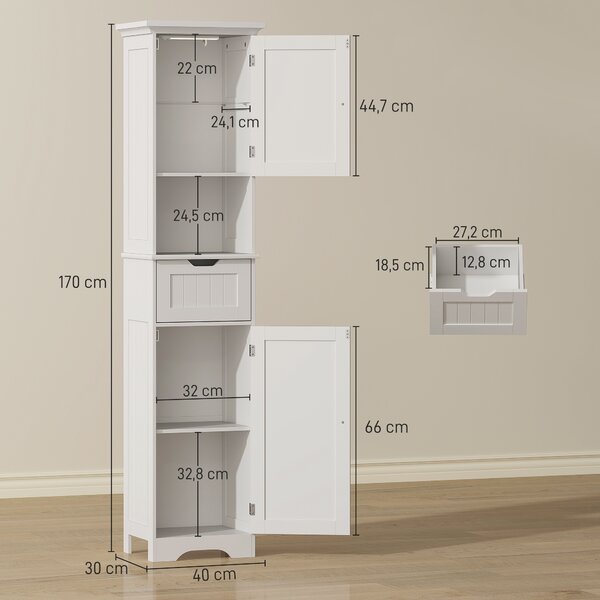 HOMCOM Mobile Colonna Bagno in Legno con 2 Armadietti con Sensore, Ripiano Aperto e Cassetto, 40x30x170 cm, Bianco | Aosom Italy