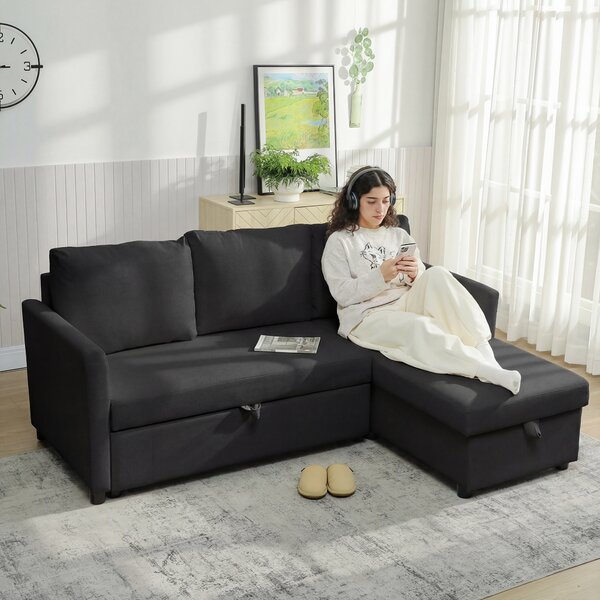 HOMCOM Divano Letto Angolare Effetto Lino con Vano Portaoggetti a Scomparsa, 192x148x86 cm, Grigio Antracite | Aosom Italy
