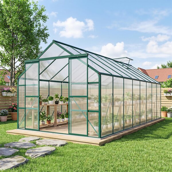 Outsunny Serra da Giardino con Porta scorrevole e Finestre regolabili a 5 livelli, in Metallo e Alluminio, 244x500x216cm, Verde | Aosom Italy