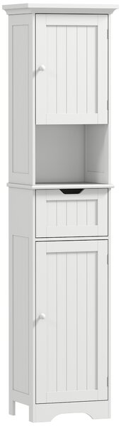 HOMCOM Mobile Colonna Bagno in Legno con 2 Armadietti con Sensore, Ripiano Aperto e Cassetto, 40x30x170 cm, Bianco | Aosom Italy