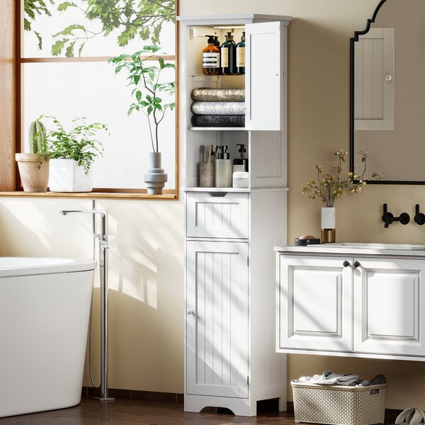 HOMCOM Mobile Colonna Bagno in Legno con 2 Armadietti con Sensore, Ripiano Aperto e Cassetto, 40x30x170 cm, Bianco | Aosom Italy