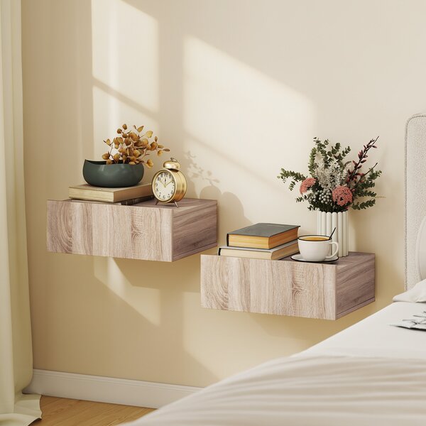 HOMCOM Set di 2 Comodini Sospesi Moderni con Cassetto in Legno, 40x30x15cm, Rovere | Aosom Italy