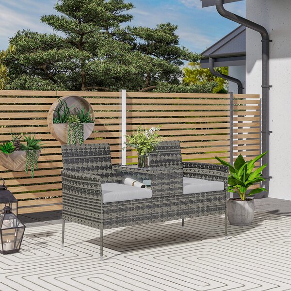 Outsunny Panchina da Esterno 2 Posti con Tavolino da Caffè, in Acciaio e Rattan PE, 137x59x82 cm, Grigio | Aosom Italy
