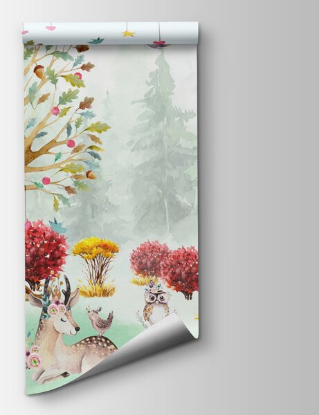 Carta da parati Un acquerello con animali in una foresta, Carta da parati per Bambini, Carta da parati popolare, u98499 - Tapeko.it